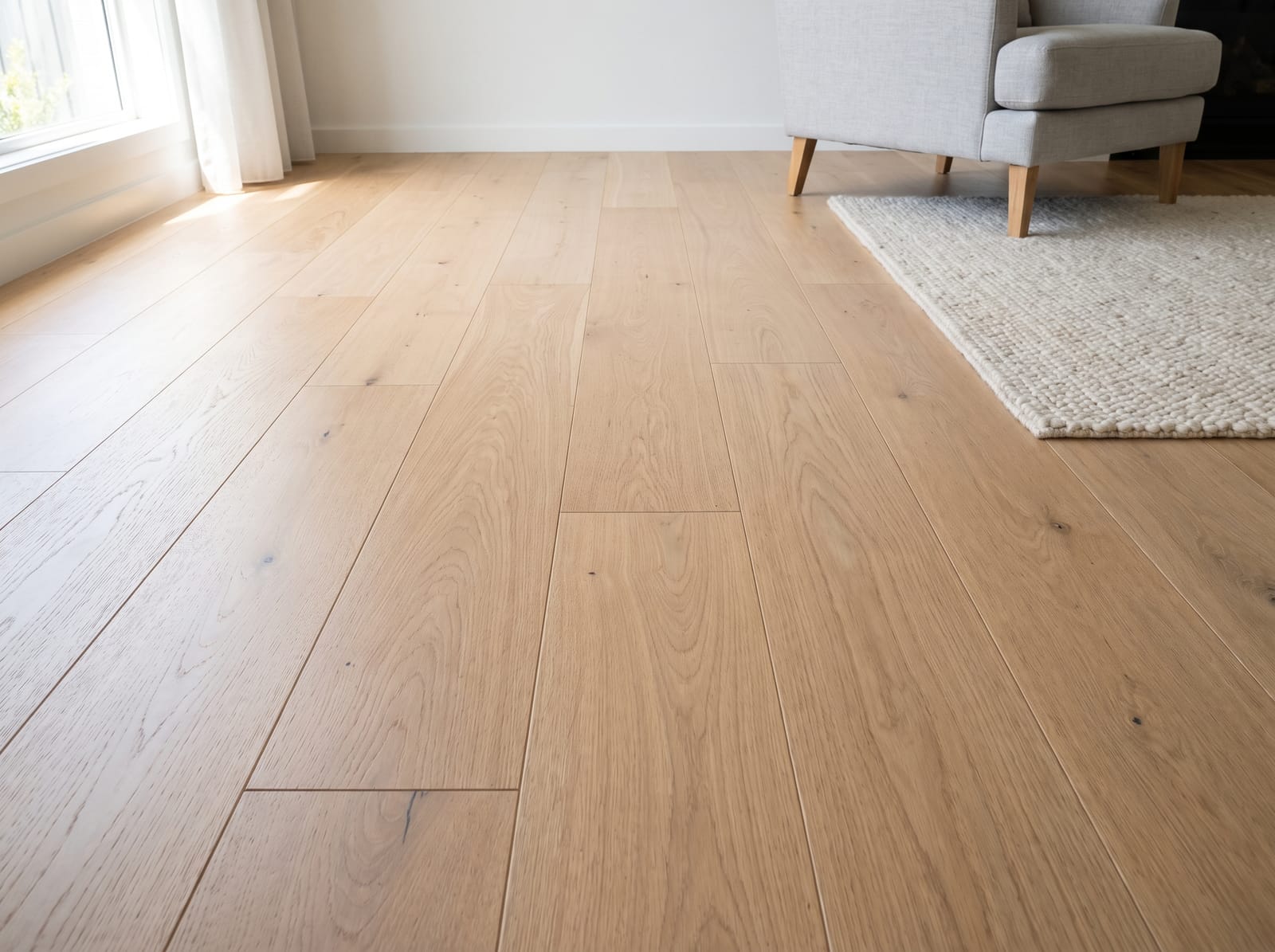 Engineered timber flooring, wide oak boards in a living room