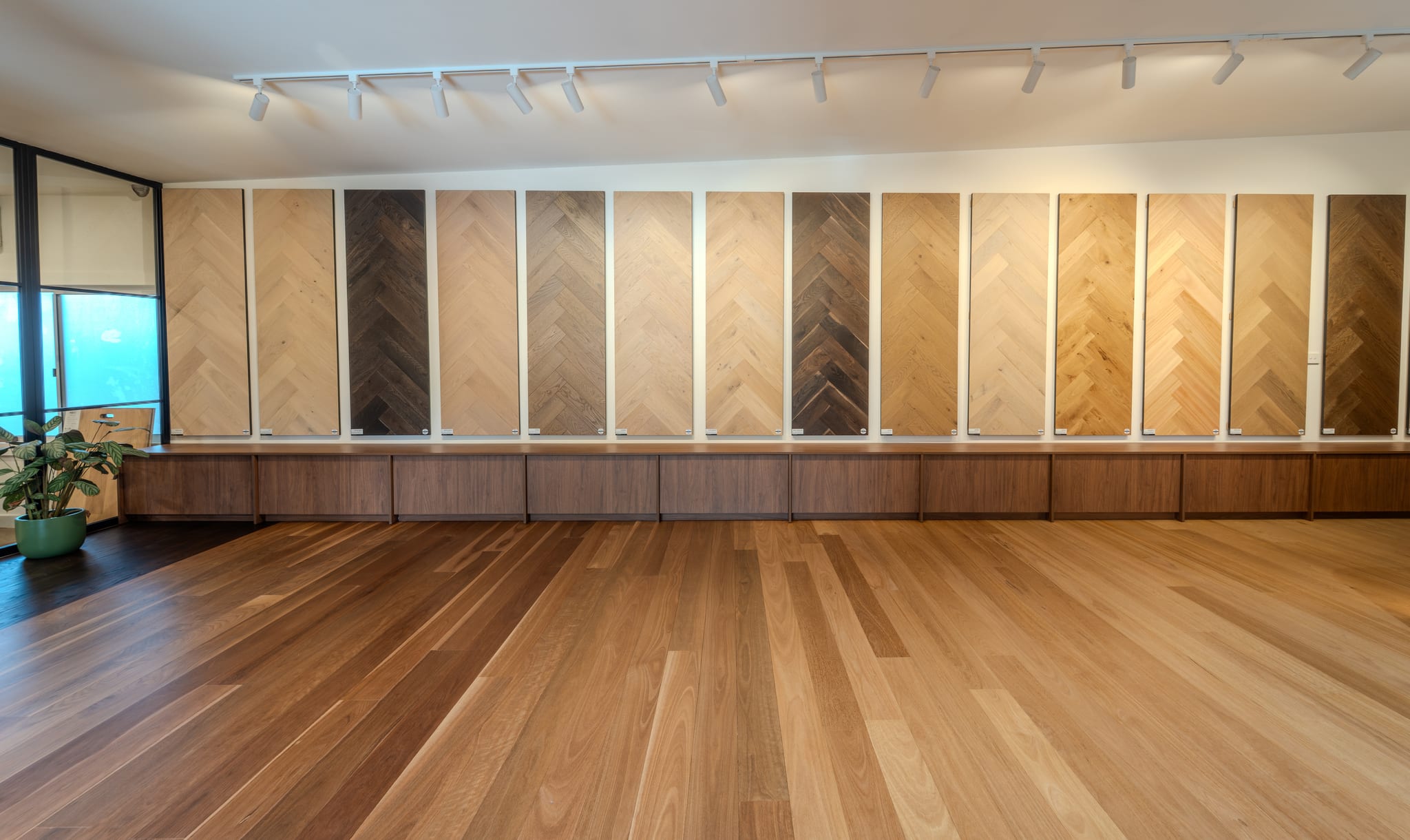 Full-size engineered oak sample boards on the wall of the Greenhill Flooring showroom in Thomastown