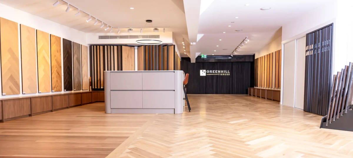 Inside the Greenhill showroom in Thomastown, full-size flooring boards on the wall